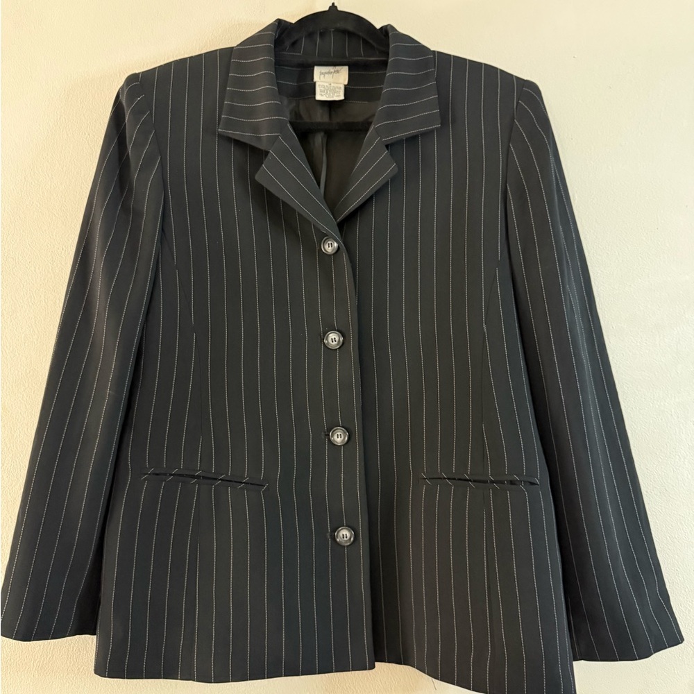 Black Pinstripe Blazer Size 14 Tailored Office Career Jacket - Picture 2 of 8
